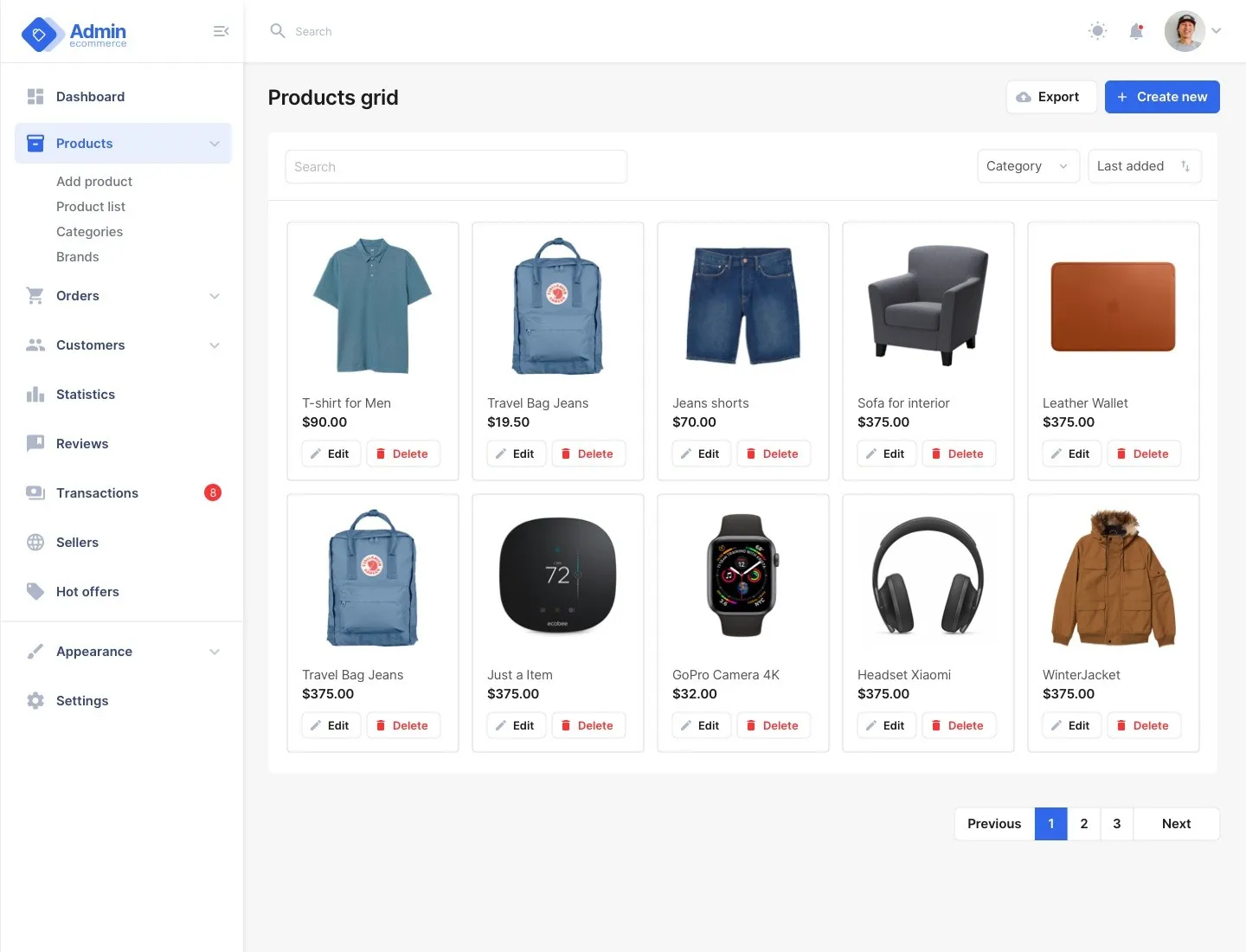 Screenshot Dashboard ui design products page